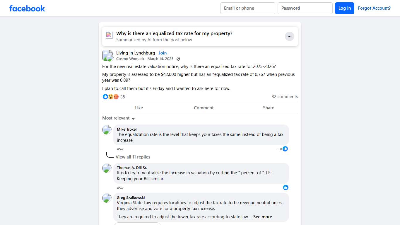 Living in Lynchburg For the new real estate valuation notice, why is there an equalized tax rate for 2025-2026 Facebook